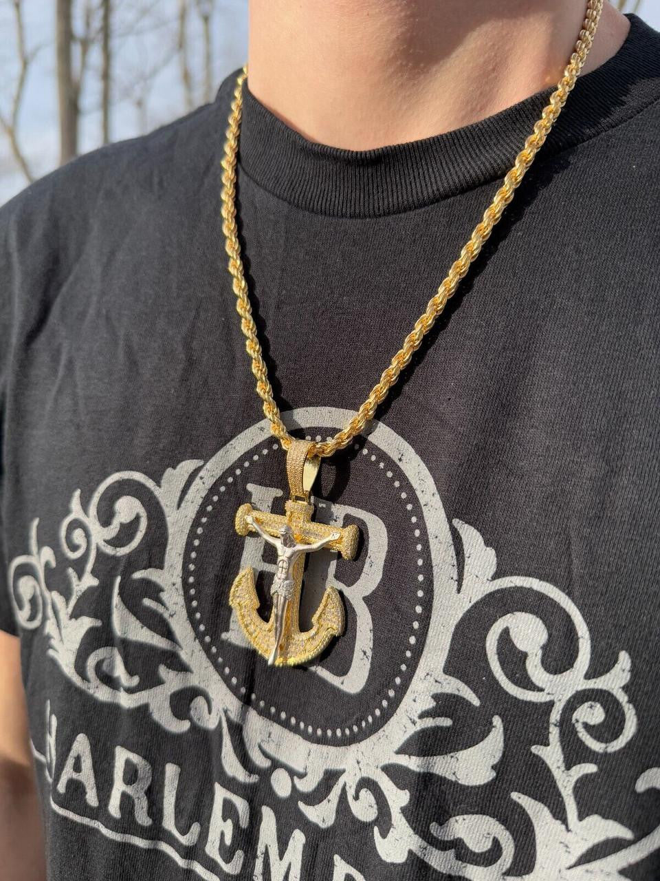 Hip Hop MOISSANITE Jesus On Anchor Cross Pendant - 14k Gold Vermeil or 925 Silver - Large 2.5"