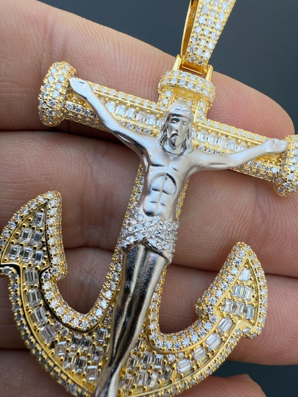 Hip Hop MOISSANITE Jesus On Anchor Cross Pendant - 14k Gold Vermeil or 925 Silver - Large 2.5"