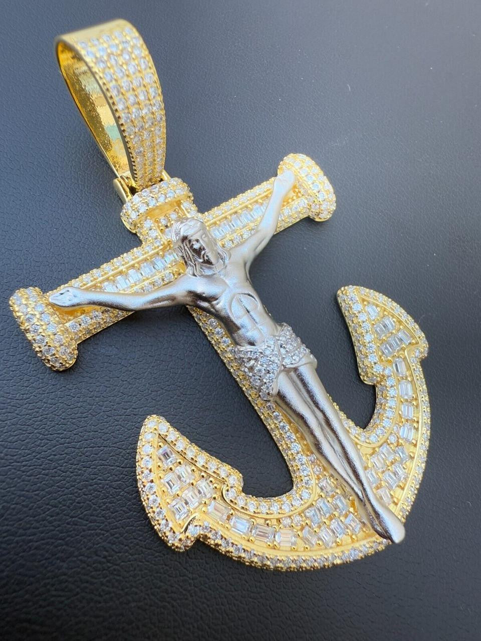 Hip Hop MOISSANITE Jesus On Anchor Cross Pendant - 14k Gold Vermeil or 925 Silver - Large 2.5"