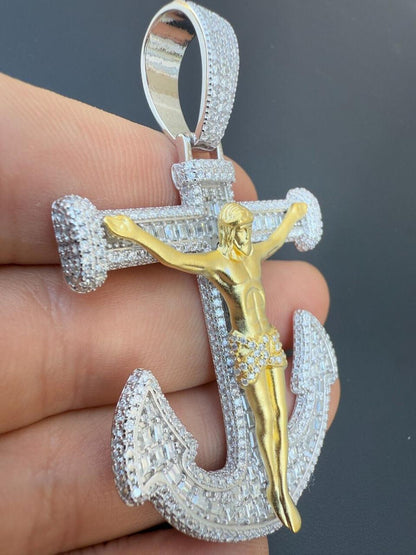 Hip Hop MOISSANITE Jesus On Anchor Cross Pendant - 14k Gold Vermeil or 925 Silver - Large 2.5"