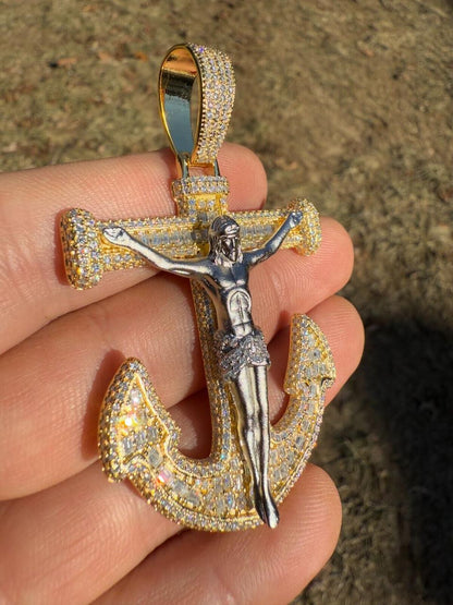 Hip Hop MOISSANITE Jesus On Anchor Cross Pendant - 14k Gold Vermeil or 925 Silver - Large 2.5"