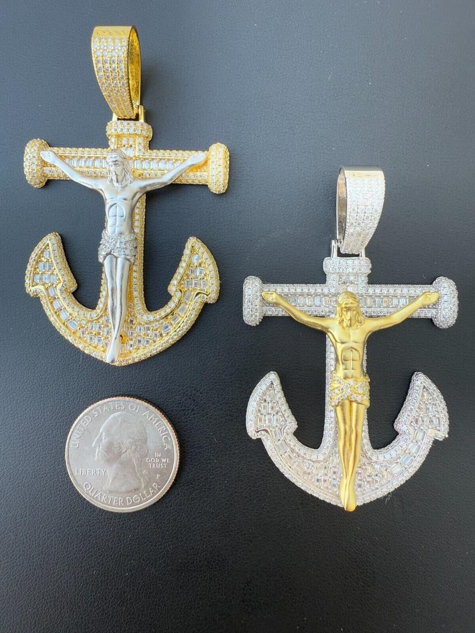 Hip Hop MOISSANITE Jesus On Anchor Cross Pendant - 14k Gold Vermeil or 925 Silver - Large 2.5"