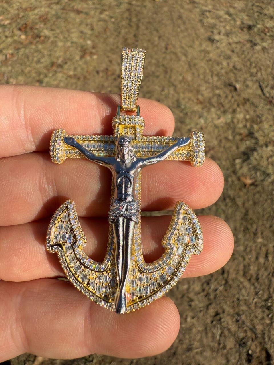 MOISSANITE Jesus On Anchor Cross Pendant - 14k Gold Vermeil or 925