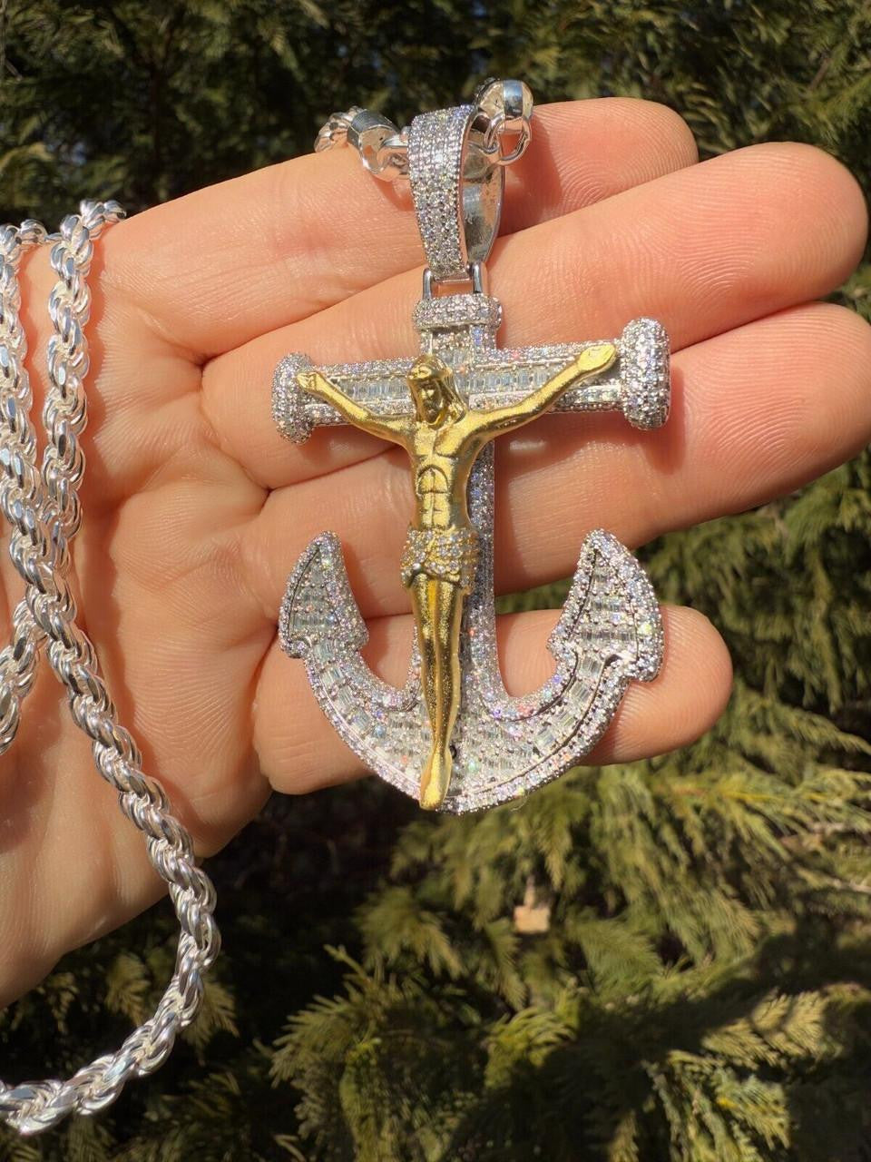 Hip Hop MOISSANITE Jesus On Anchor Cross Pendant - 14k Gold Vermeil or 925 Silver - Large 2.5"