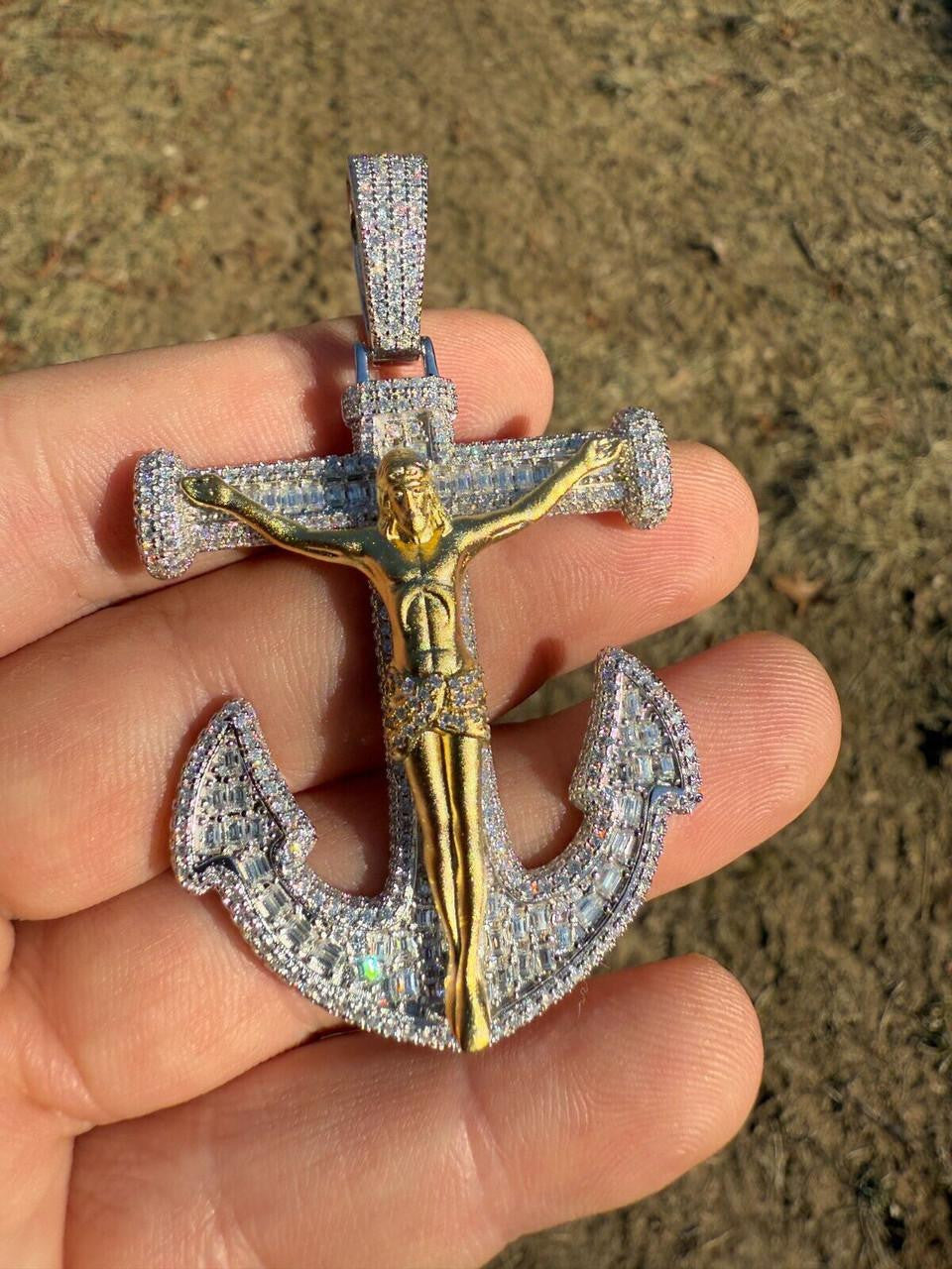 Hip Hop MOISSANITE Jesus On Anchor Cross Pendant - 14k Gold Vermeil or 925 Silver - Large 2.5"