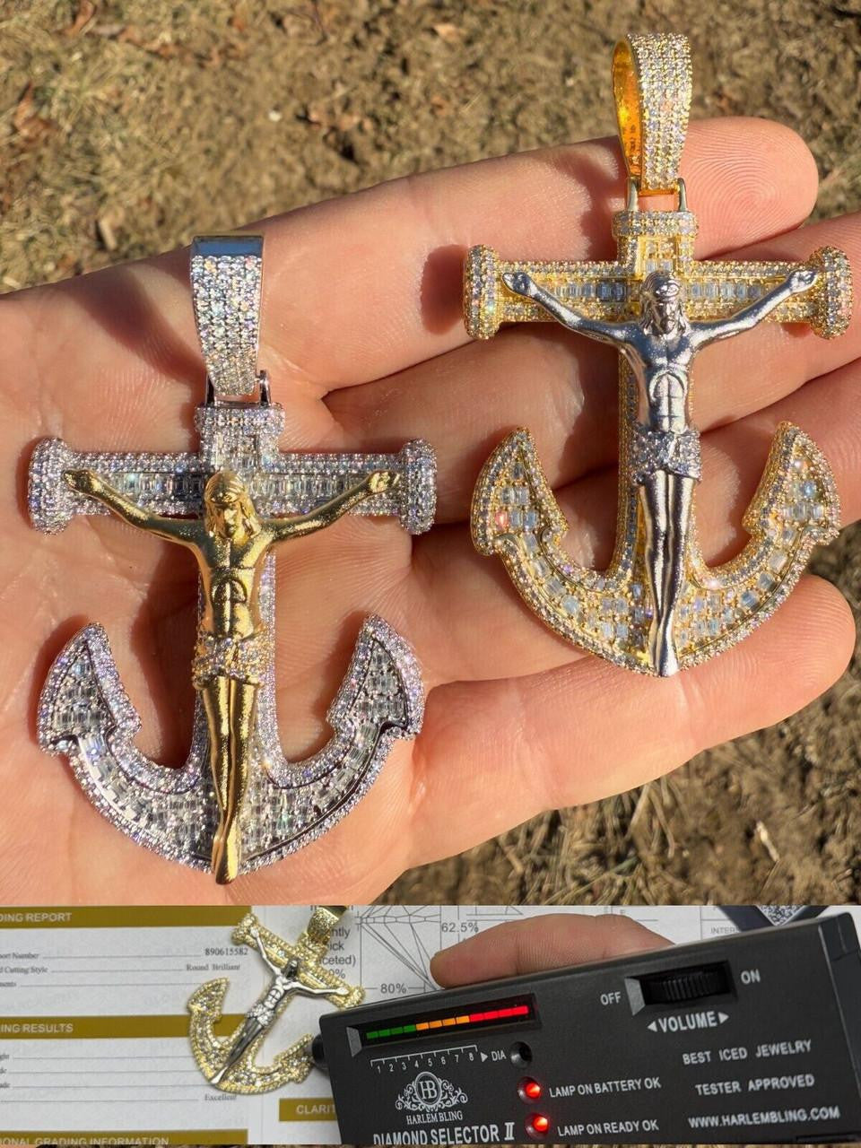 Hip Hop MOISSANITE Jesus On Anchor Cross Pendant - 14k Gold Vermeil or 925 Silver - Large 2.5"