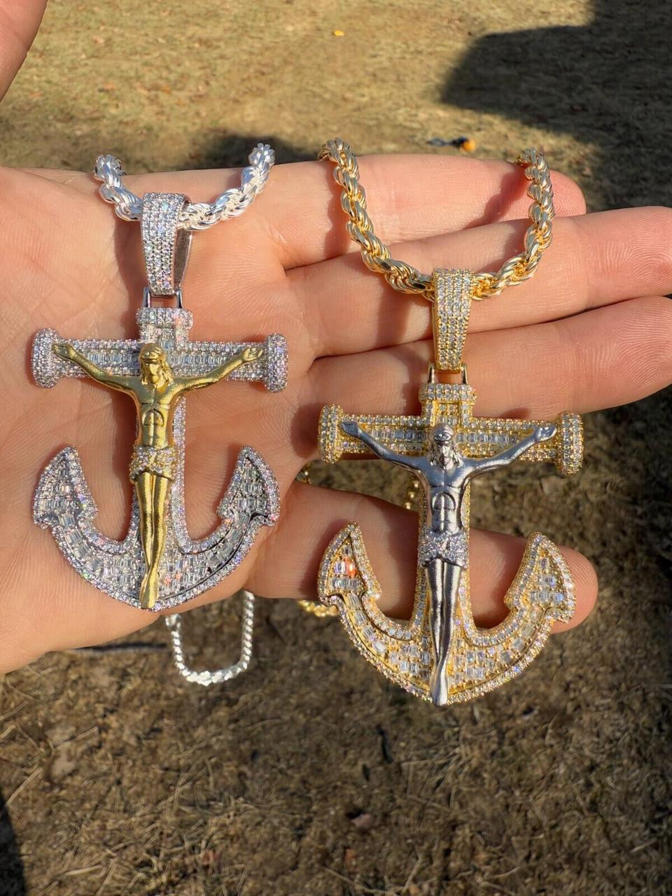 Hip Hop MOISSANITE Jesus On Anchor Cross Pendant - 14k Gold Vermeil or 925 Silver - Large 2.5"