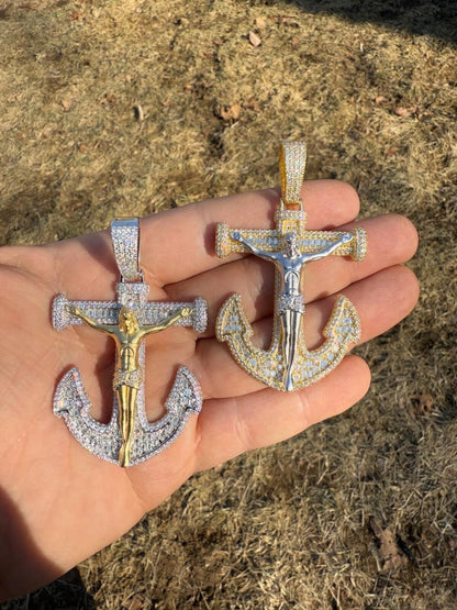 Hip Hop MOISSANITE Jesus On Anchor Cross Pendant - 14k Gold Vermeil or 925 Silver - Large 2.5"