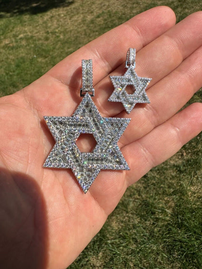 Hip Hop Moissanite Jewish Star Magen David Pendant Iced Necklace Silver Real 925 Silver