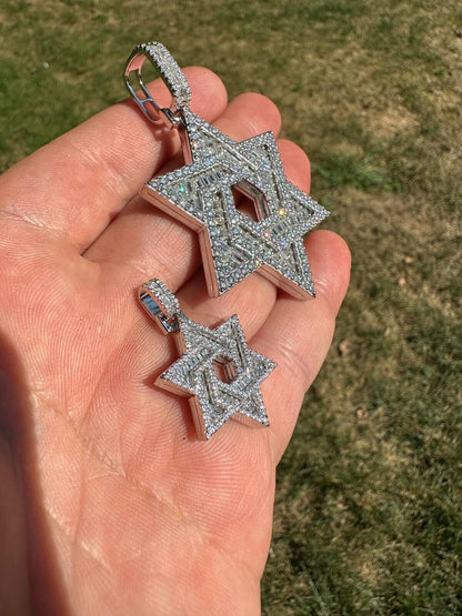 Hip Hop Moissanite Jewish Star Magen David Pendant Iced Necklace Silver Real 925 Silver