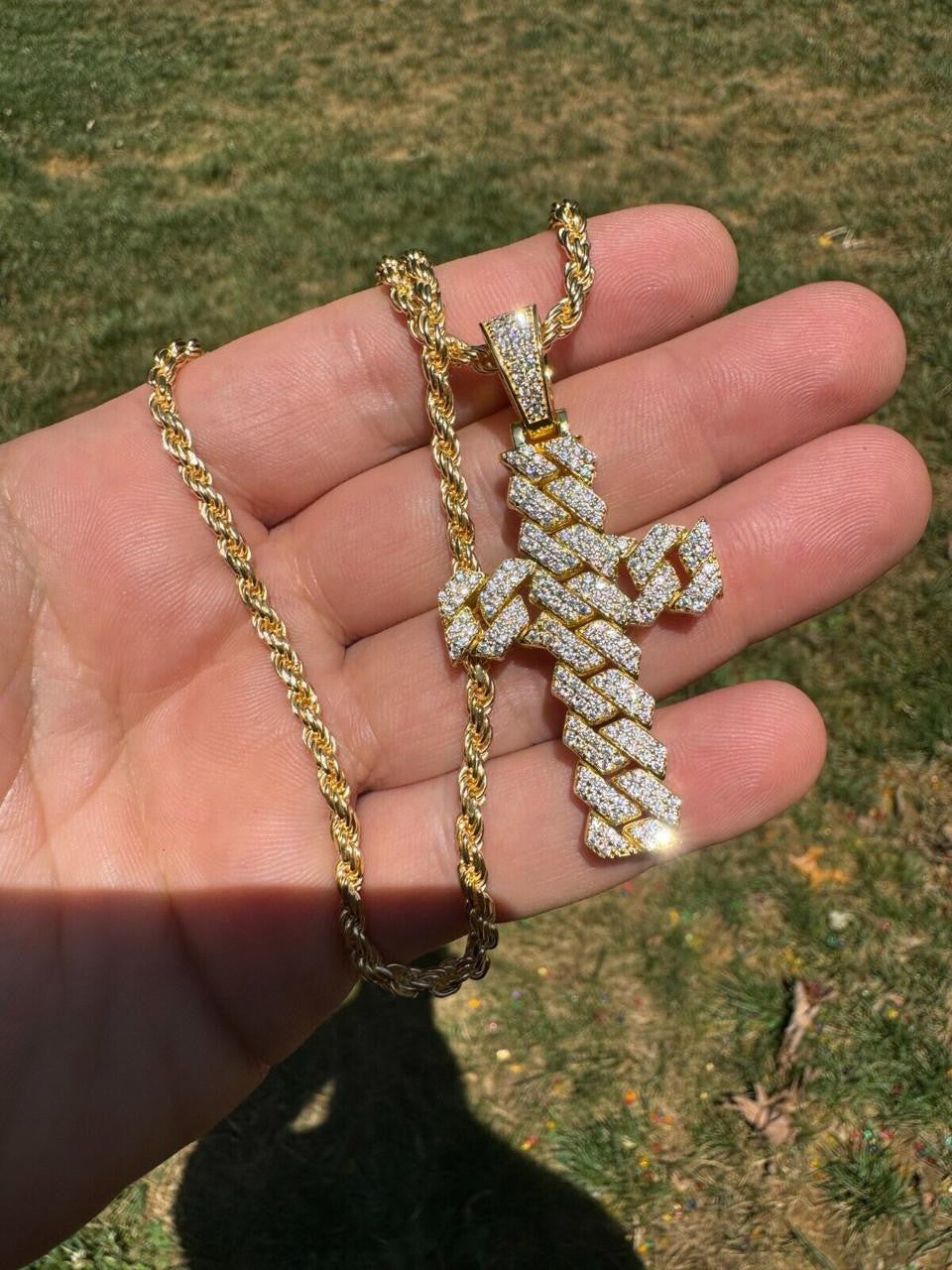 Hip Hop MOISSANITE Miami Cuban Prong Set Iced Out Cross Pendant - 14k Gold Vermeil 925 Silver - 3 Sizes 1.25"-3.25"