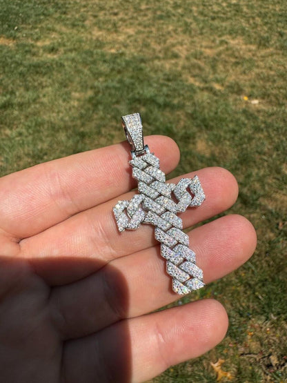 Hip Hop MOISSANITE Miami Cuban Prong Set Iced Out Cross Pendant - 925 Silver - 3 Sizes 1.25"-3.25"