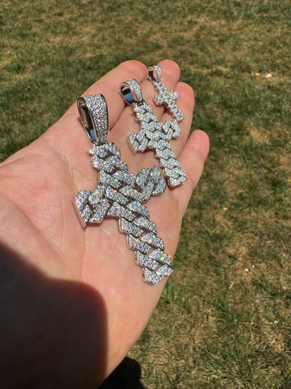 Hip Hop MOISSANITE Miami Cuban Prong Set Iced Out Cross Pendant - 925 Silver - 3 Sizes 1.25"-3.25"