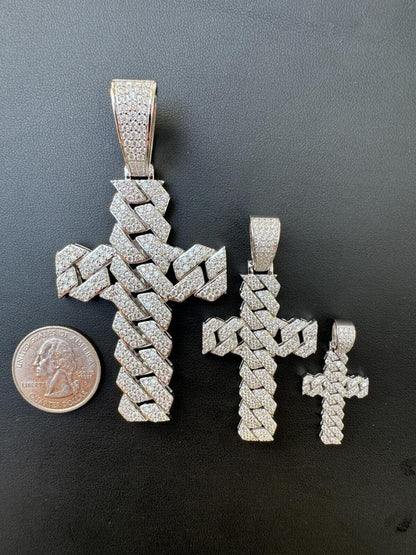 Hip Hop MOISSANITE Miami Cuban Prong Set Iced Out Cross Pendant - 925 Silver - 3 Sizes 1.25"-3.25"