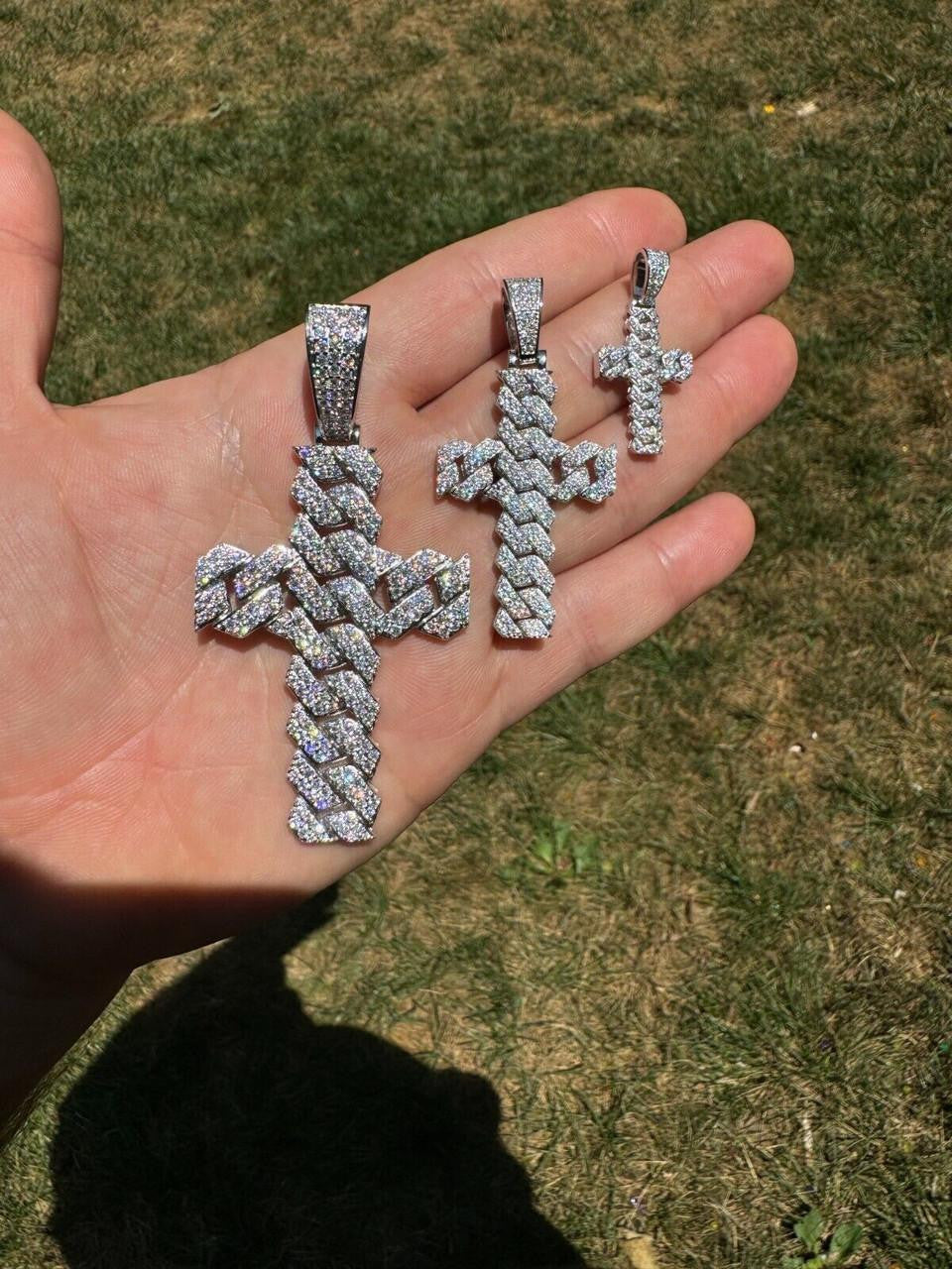 Hip Hop MOISSANITE Miami Cuban Prong Set Iced Out Cross Pendant - 925 Silver - 3 Sizes 1.25"-3.25"