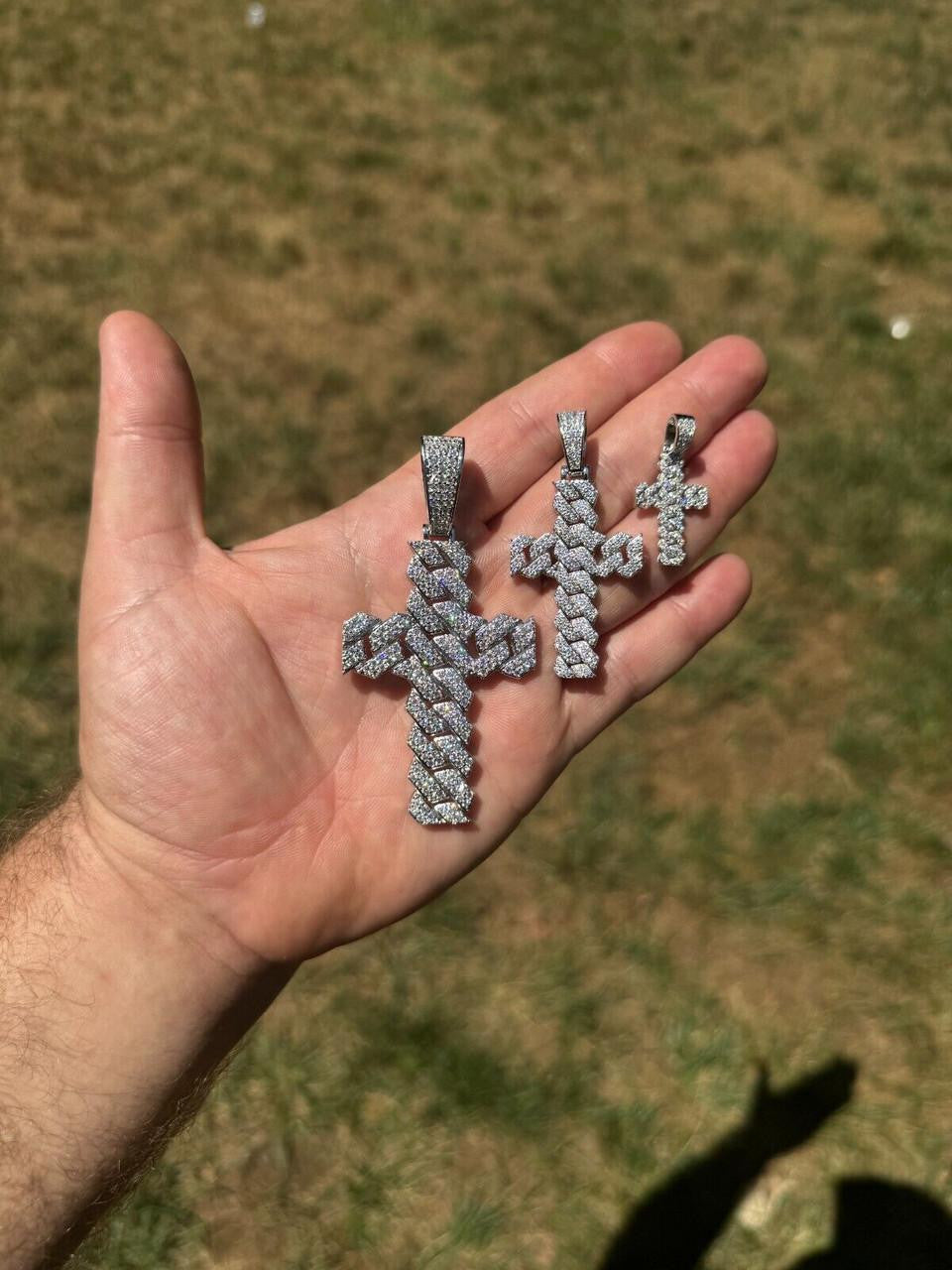 Hip Hop MOISSANITE Miami Cuban Prong Set Iced Out Cross Pendant - 925 Silver - 3 Sizes 1.25"-3.25"