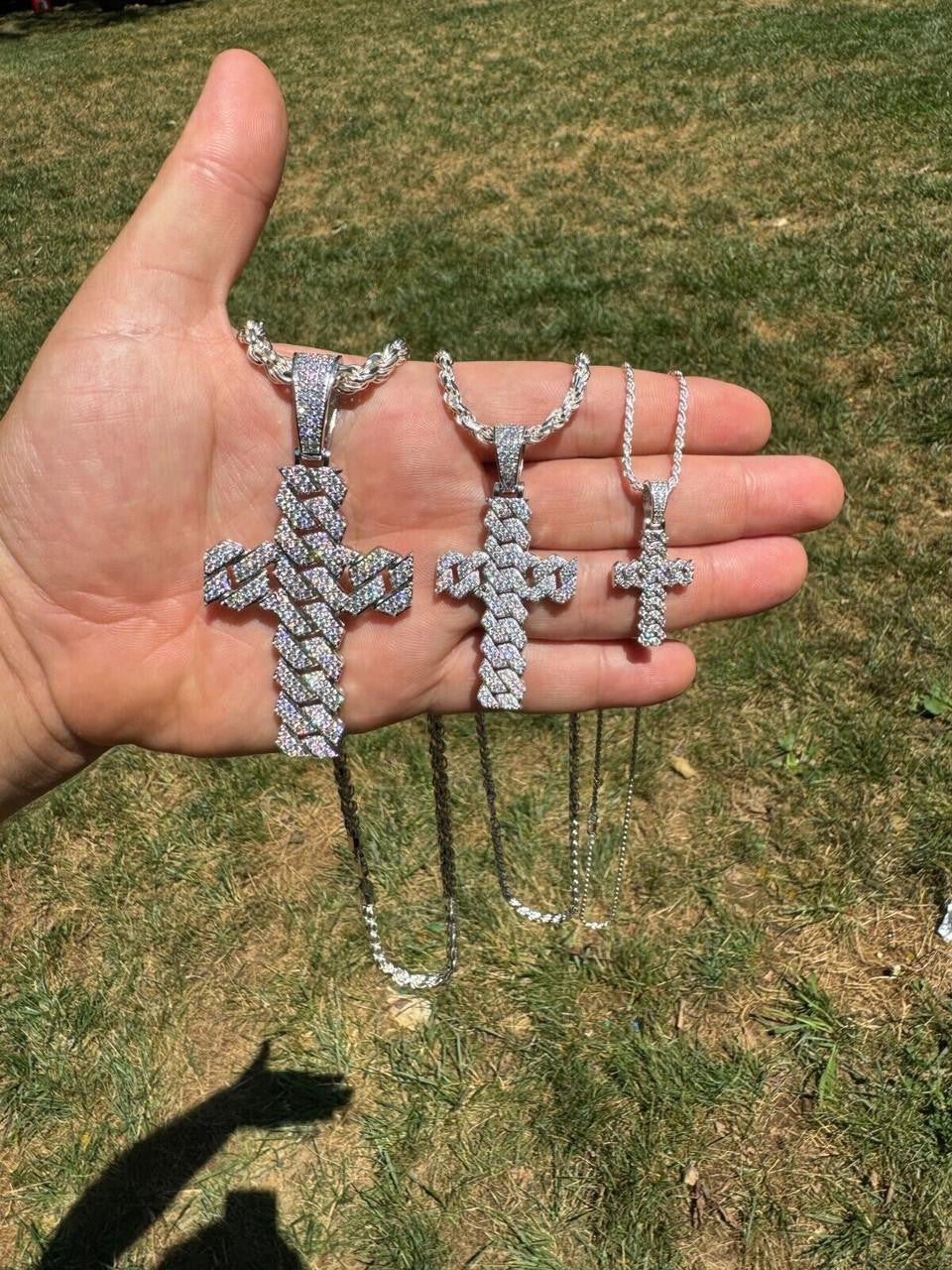 Hip Hop MOISSANITE Miami Cuban Prong Set Iced Out Cross Pendant - 925 Silver - 3 Sizes 1.25"-3.25"