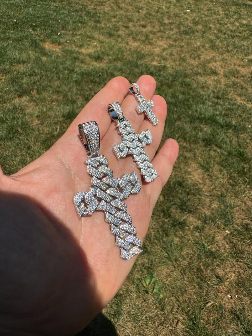 Hip Hop MOISSANITE Miami Cuban Prong Set Iced Out Cross Pendant - 925 Silver - 3 Sizes 1.25"-3.25"