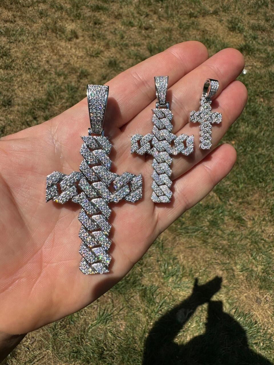 Hip Hop MOISSANITE Miami Cuban Prong Set Iced Out Cross Pendant - 925 Silver - 3 Sizes 1.25"-3.25"