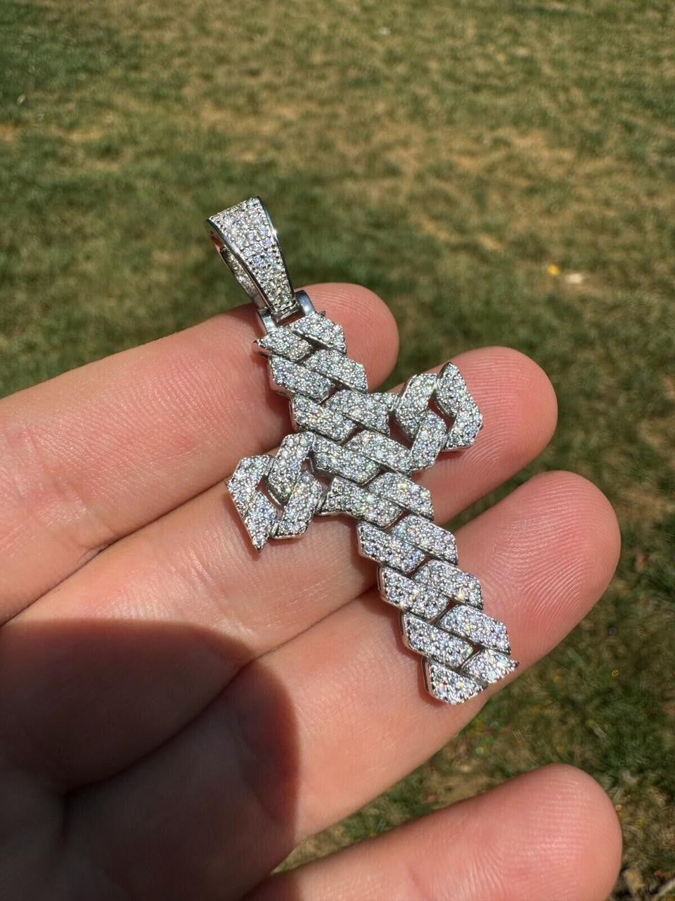 Hip Hop MOISSANITE Miami Cuban Prong Set Iced Out Cross Pendant - 925 Silver - 3 Sizes 1.25"-3.25"