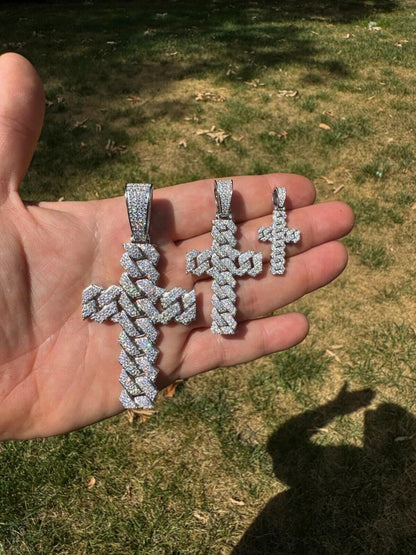 Hip Hop MOISSANITE Miami Cuban Prong Set Iced Out Cross Pendant - 925 Silver - 3 Sizes 1.25"-3.25"
