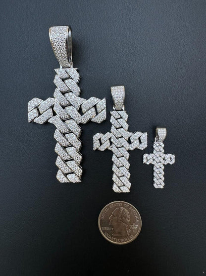Hip Hop MOISSANITE Miami Cuban Prong Set Iced Out Cross Pendant - 925 Silver - 3 Sizes 1.25"-3.25"