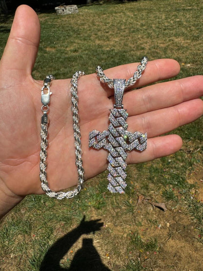 Hip Hop MOISSANITE Miami Cuban Prong Set Iced Out Cross Pendant - 925 Silver - 3 Sizes 1.25"-3.25"
