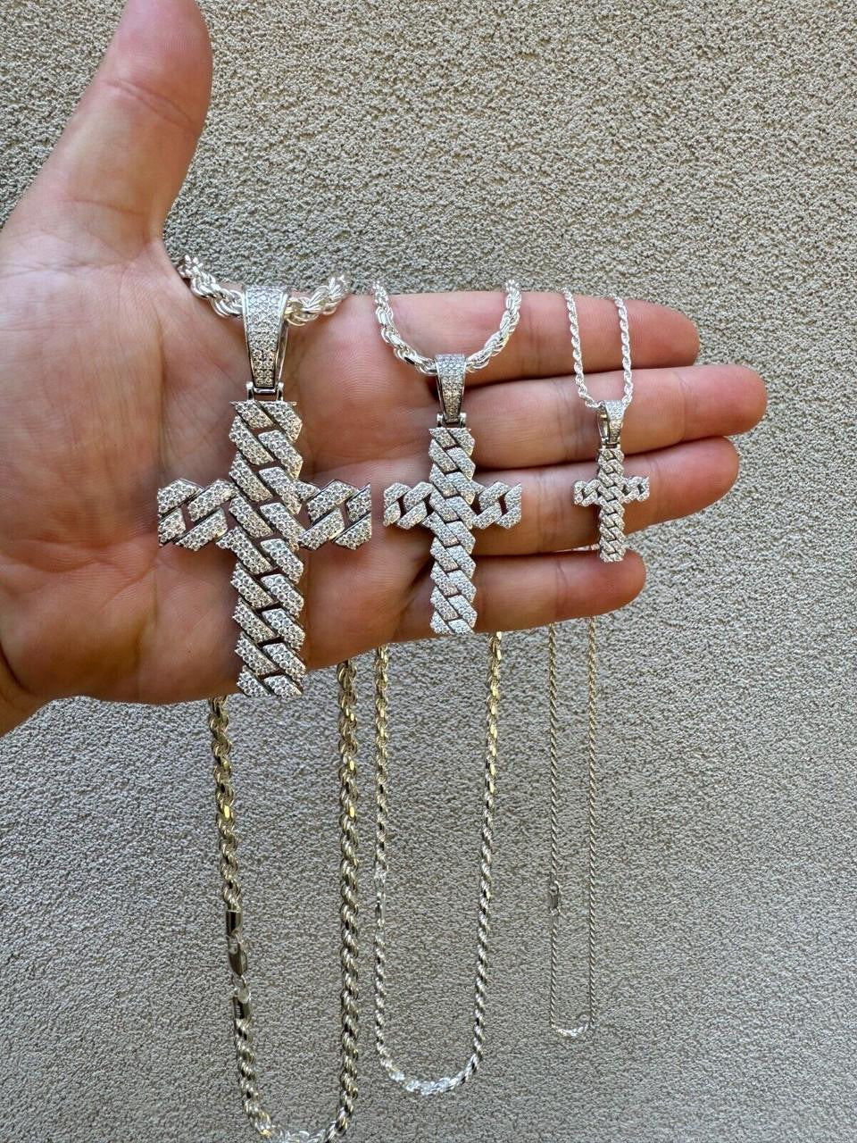 Hip Hop MOISSANITE Miami Cuban Prong Set Iced Out Cross Pendant - 925 Silver - 3 Sizes 1.25"-3.25"