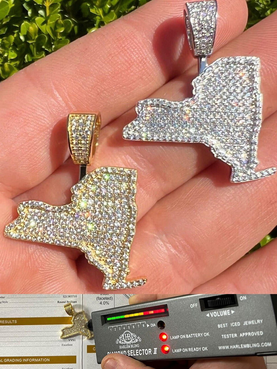 Hip Hop MOISSANITE Real 925 Silver / 14k Gold Hip Hop New York State Shape Pendant Iced