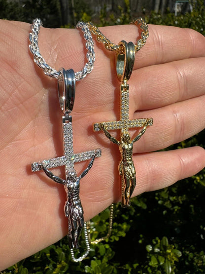 Hip Hop Moissanite Real Iced Jesus On Cross Pendant - Real 925 Silver 2" Mens Necklace