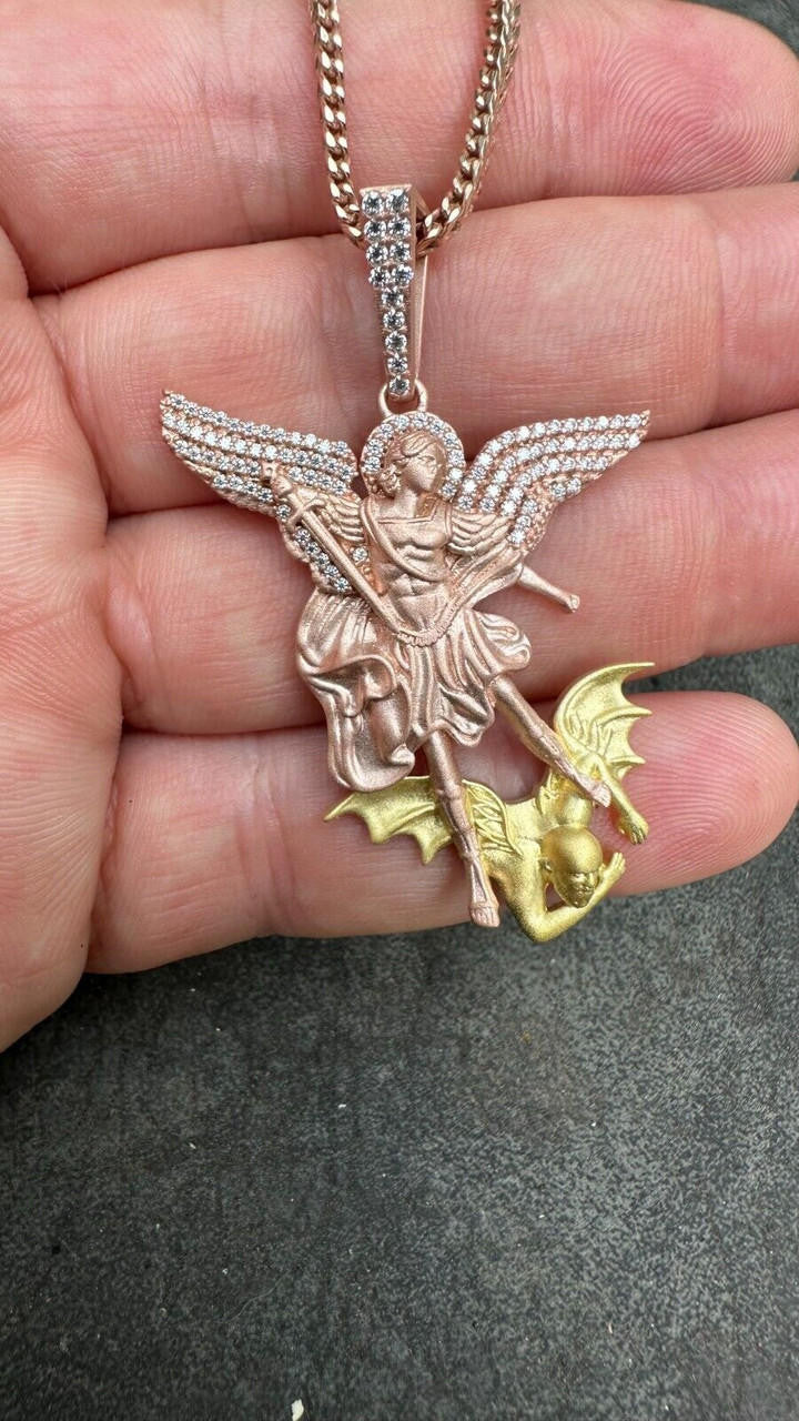 Hip Hop MOISSANITE St Michael & Dragon Pendant 925 Silver - Rose & Yellow Gold Necklace