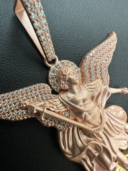 Hip Hop MOISSANITE St Michael & Dragon Pendant 925 Silver - Rose & Yellow Gold Necklace