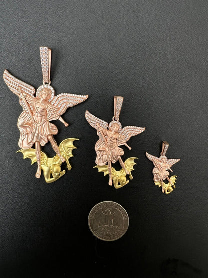 Hip Hop MOISSANITE St Michael & Dragon Pendant 925 Silver - Rose & Yellow Gold Necklace