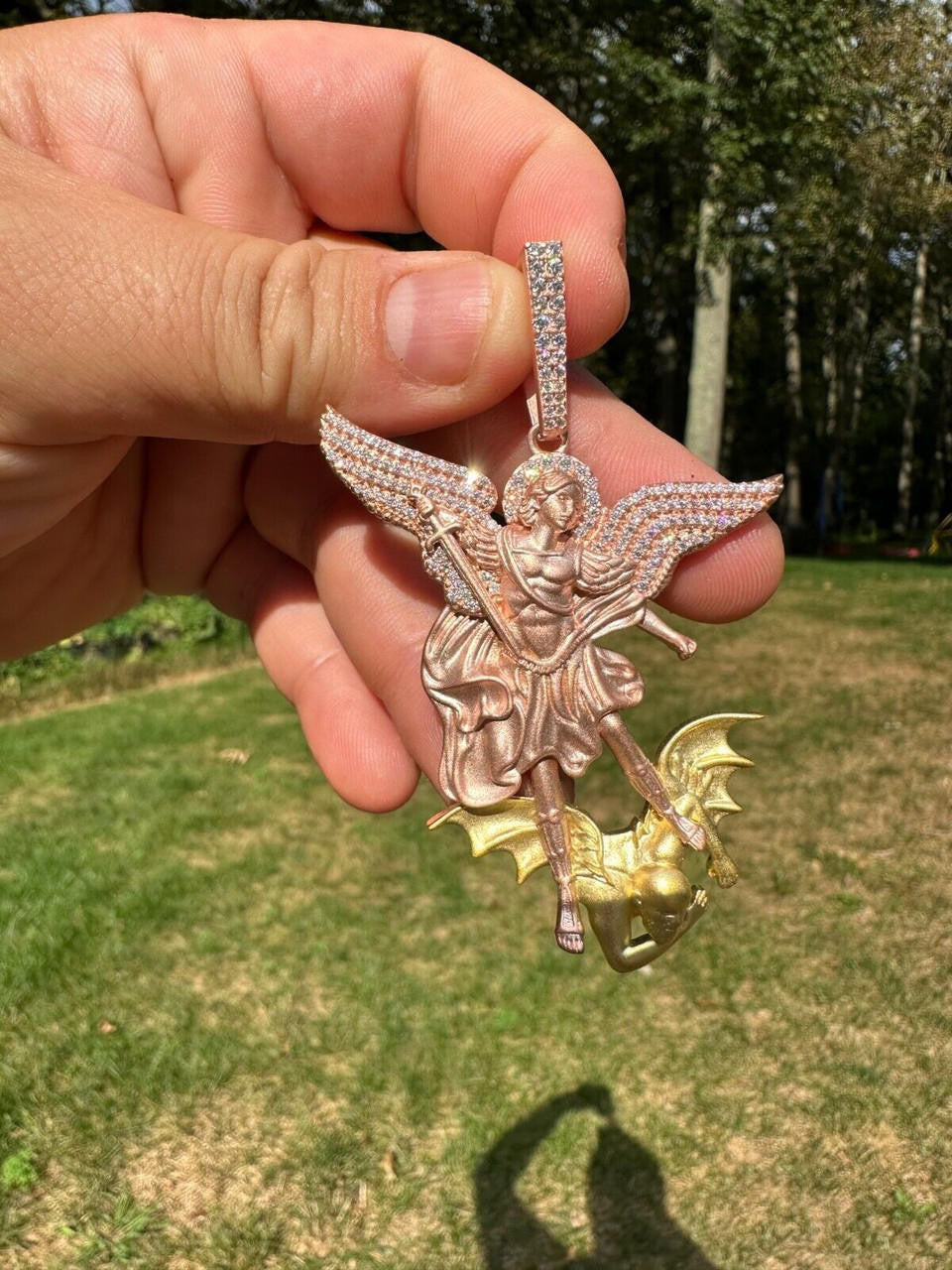 Hip Hop MOISSANITE St Michael & Dragon Pendant 925 Silver - Rose & Yellow Gold Necklace
