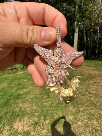 Hip Hop MOISSANITE St Michael & Dragon Pendant 925 Silver - Rose & Yellow Gold Necklace