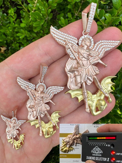 Hip Hop MOISSANITE St Michael & Dragon Pendant 925 Silver - Rose & Yellow Gold Necklace