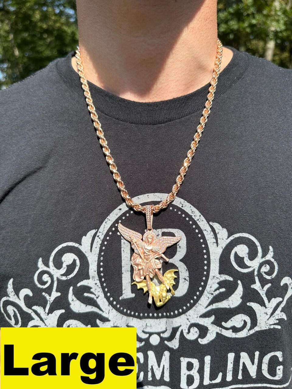 Hip Hop MOISSANITE St Michael & Dragon Pendant 925 Silver - Rose & Yellow Gold Necklace