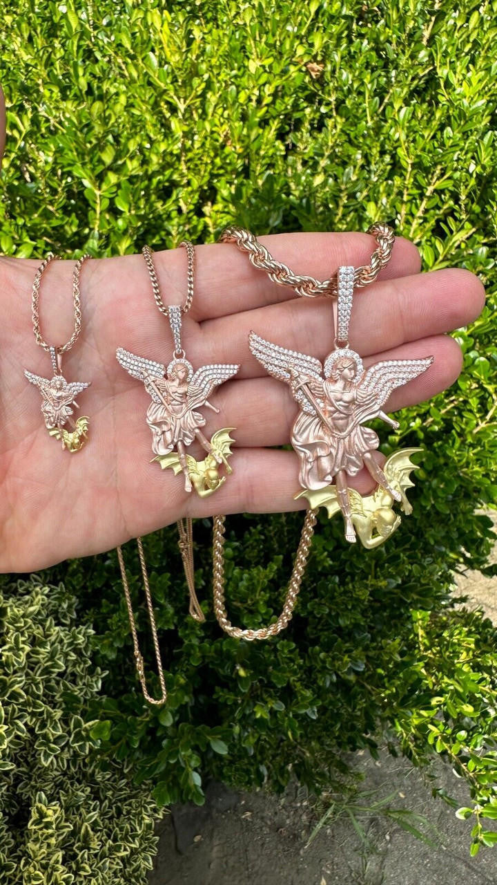 Hip Hop MOISSANITE St Michael & Dragon Pendant 925 Silver - Rose & Yellow Gold Necklace