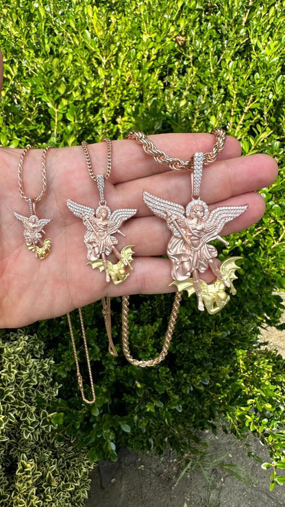 Hip Hop MOISSANITE St Michael & Dragon Pendant 925 Silver - Rose & Yellow Gold Necklace