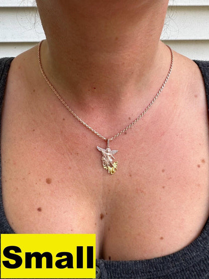 Hip Hop MOISSANITE St Michael & Dragon Pendant 925 Silver - Rose & Yellow Gold Necklace