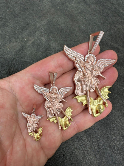 Hip Hop MOISSANITE St Michael & Dragon Pendant 925 Silver - Rose & Yellow Gold Necklace