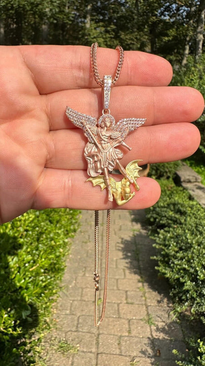 Hip Hop MOISSANITE St Michael & Dragon Pendant 925 Silver - Rose & Yellow Gold Necklace