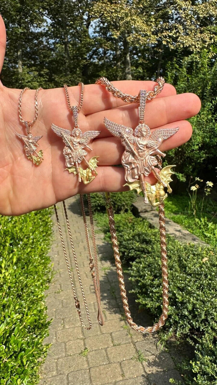 Hip Hop MOISSANITE St Michael & Dragon Pendant 925 Silver - Rose & Yellow Gold Necklace