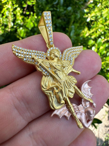 Hip Hop MOISSANITE St Michael & Dragon Pendant 925 Silver - Yellow & Rose Gold Iced Out