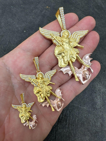 Hip Hop MOISSANITE St Michael & Dragon Pendant 925 Silver - Yellow & Rose Gold Iced Out