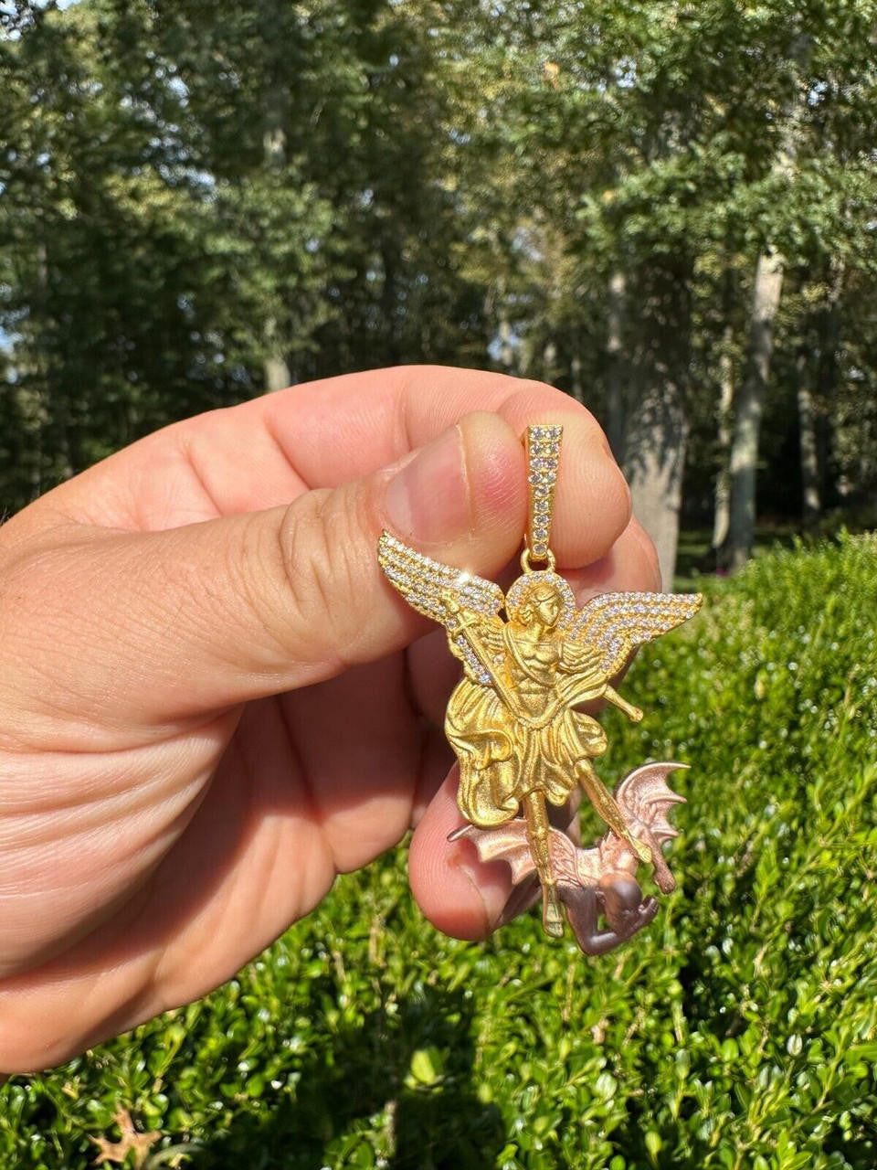 Hip Hop MOISSANITE St Michael & Dragon Pendant 925 Silver - Yellow & Rose Gold Iced Out