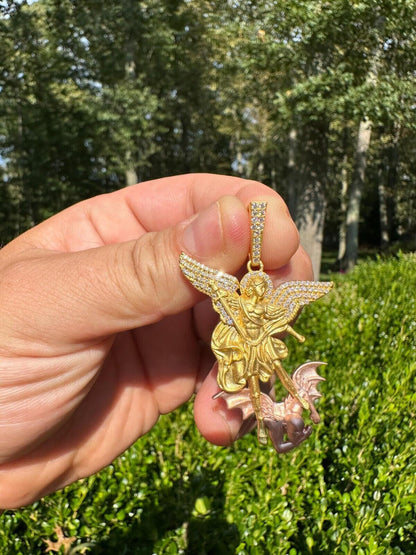 Hip Hop MOISSANITE St Michael & Dragon Pendant 925 Silver - Yellow & Rose Gold Iced Out