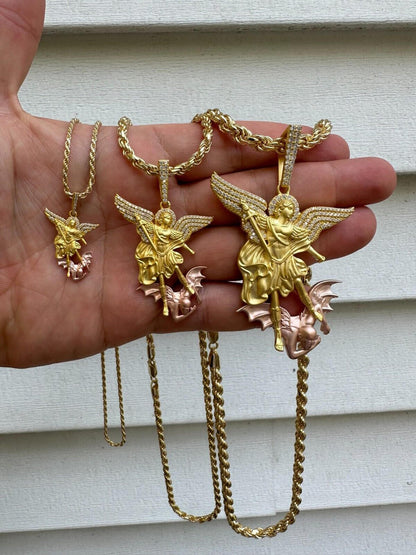 Hip Hop MOISSANITE St Michael & Dragon Pendant 925 Silver - Yellow & Rose Gold Iced Out