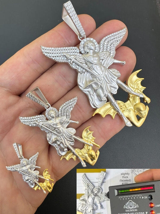 Hip Hop MOISSANITE St Michael Slaying Dragon Pendant 925 Silver & 14k Gold Necklace Iced