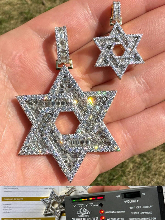 Hip Hop Moissanite Star Of David Pendant Iced Necklace Silver 14k Gold Plated 925 Silver